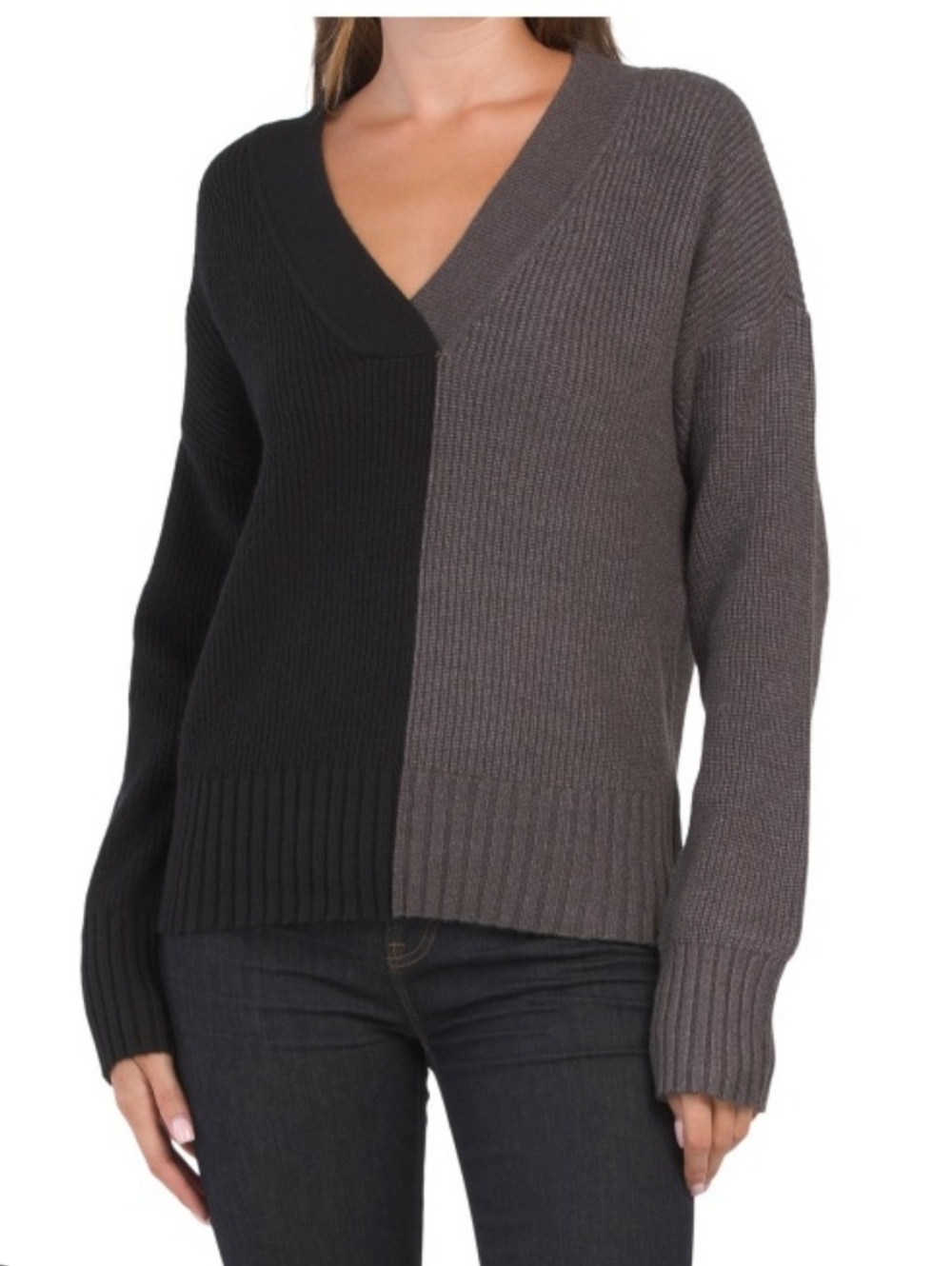 Design History Colorblock V-Neck Sweater in Black & Gray